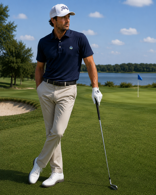 Golfer on a golf course holding a club with a scenic background