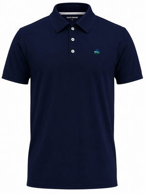 Navy blue polo shirt with a small logo on a white background